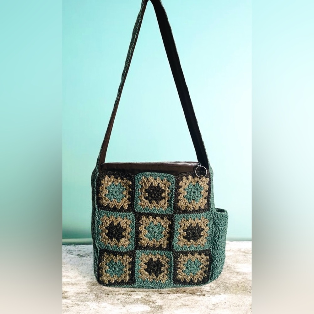 Elegant Handcrafted Shoulder Bag - Teal and Brown.